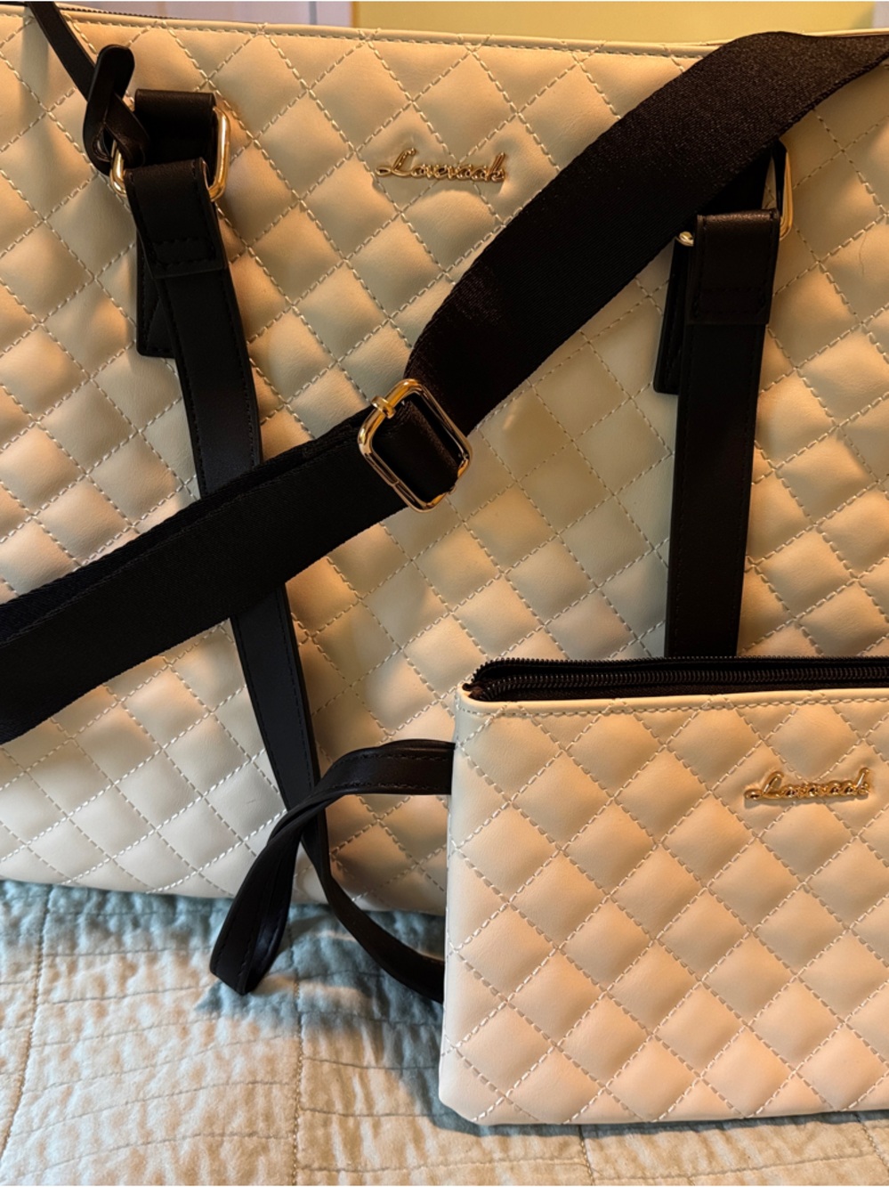 Lancaster Cream Quilted Laptop Tote with Removable Pouch